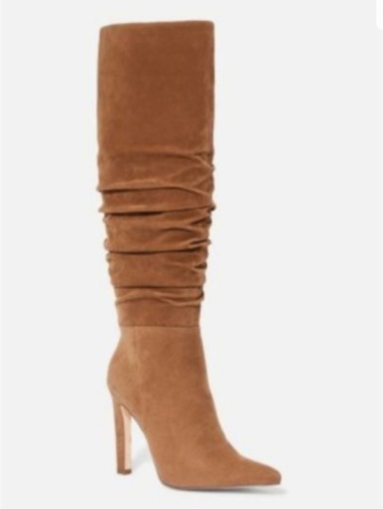 JustFab Slouchy Knee-High Boots in Tan Suede - Picture 2 of 12